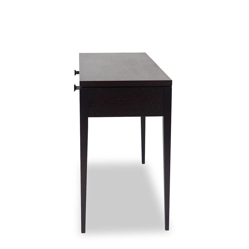 Brown wooden console table with two drawers and tapered edge legs