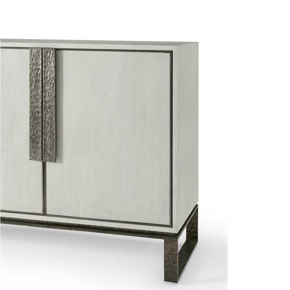 White oak cabinet with accent lines and metal sled base