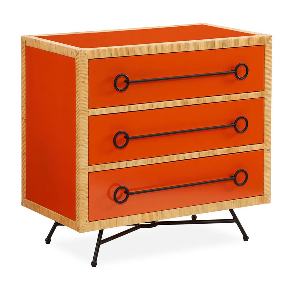 Red and orange chest of three drawers with rattan edges