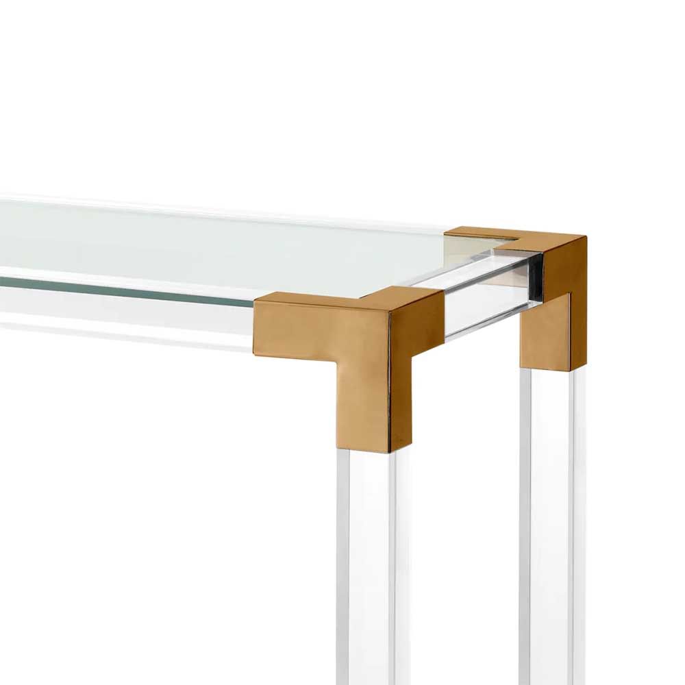 Clear framed console table with glass panels and brass edges