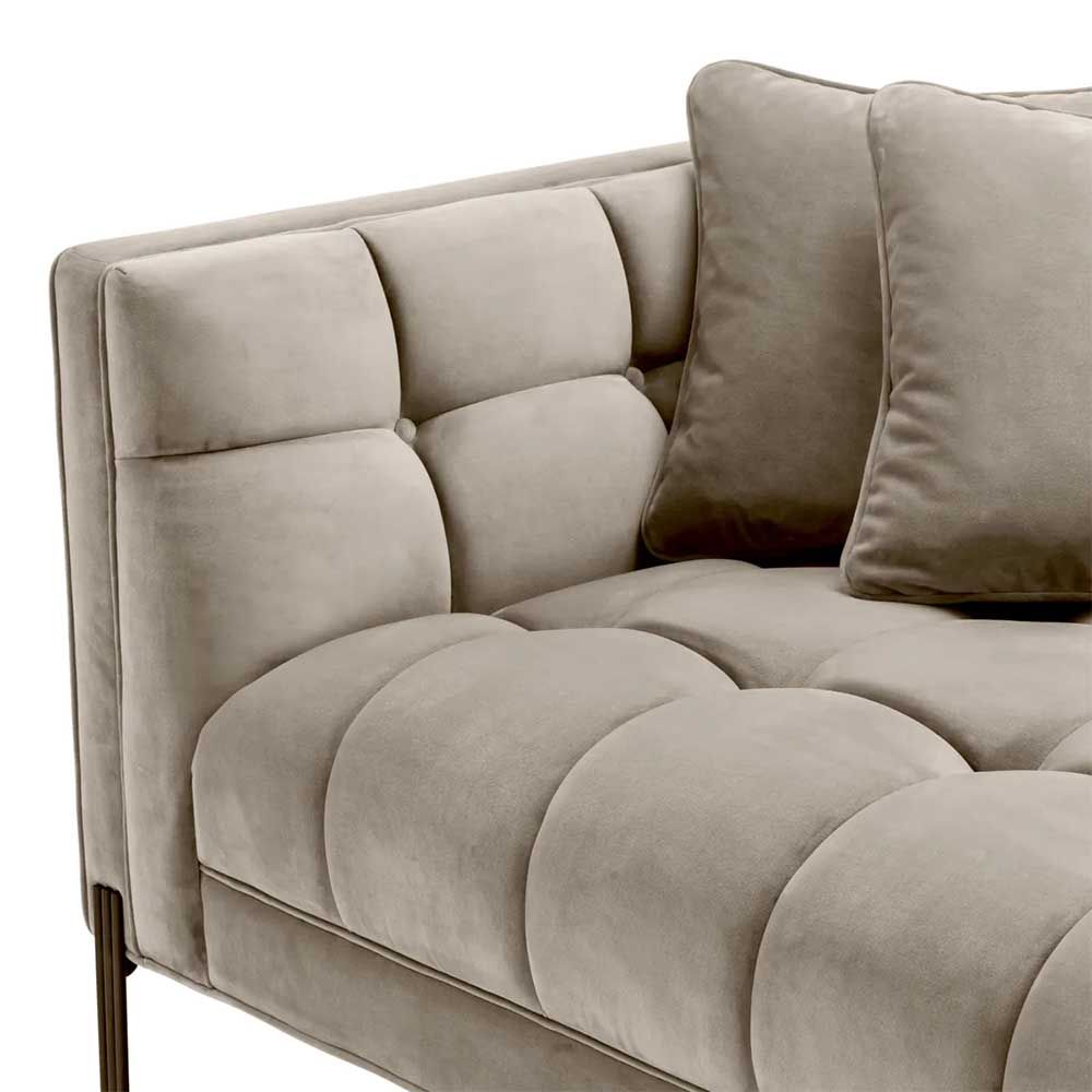 Greige velvet chaise longue sofa with quilted deep stitching 