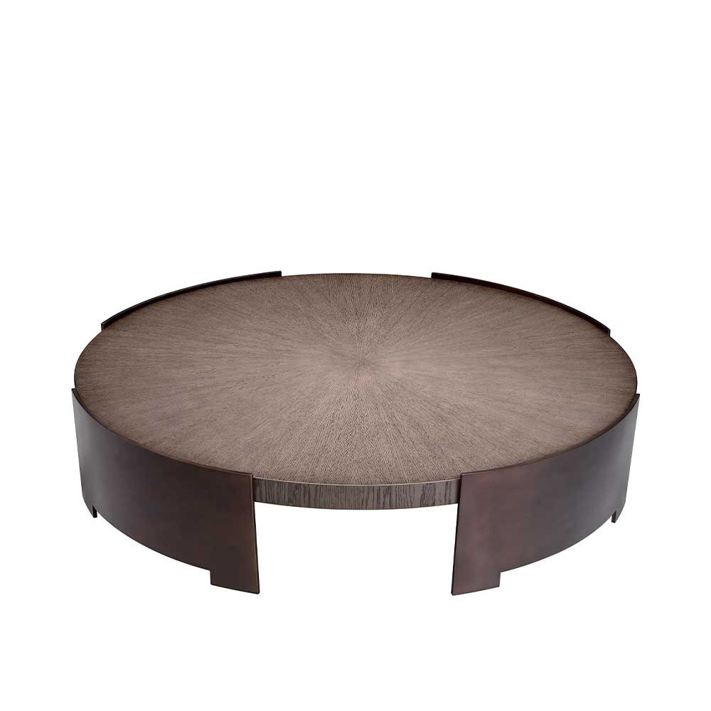 Round coffee table with wooden surface suspended between bronze legs
