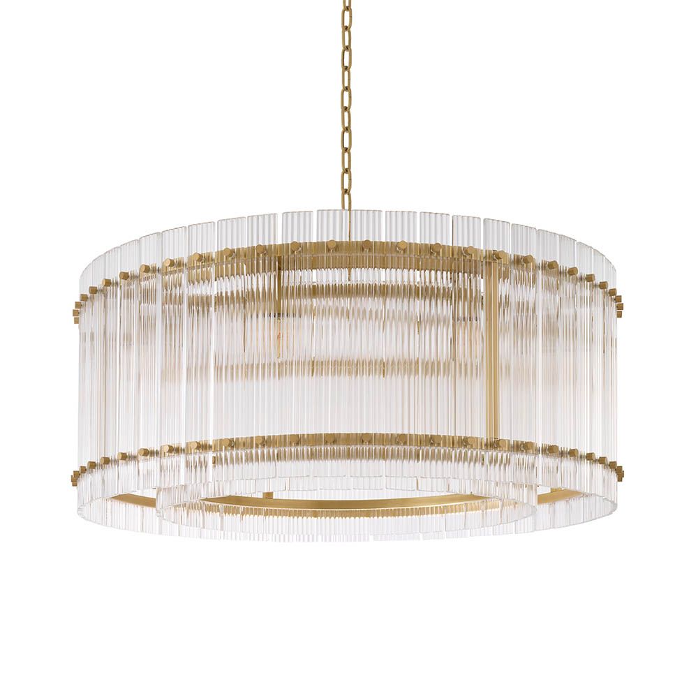 lovely classic chandelier in a circle of antique brass and ribbed glass