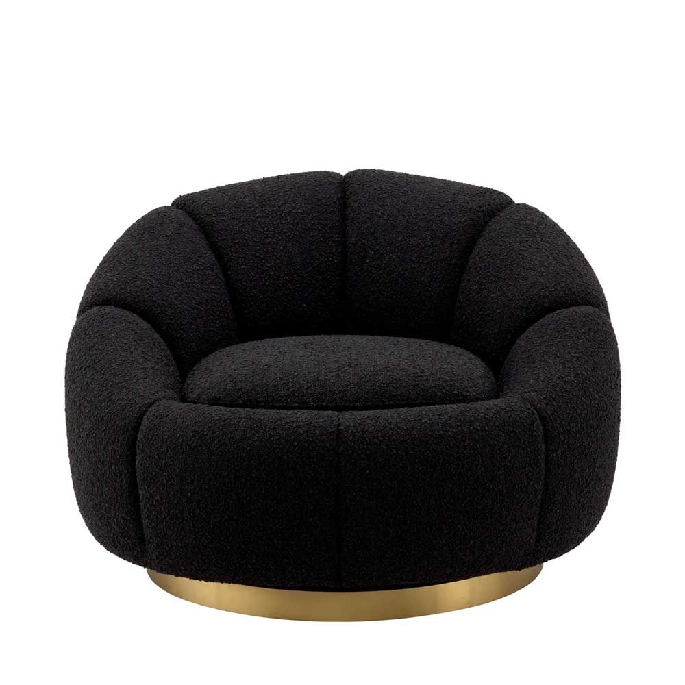 elegant black boucle upholstered swivel chair with brass base 