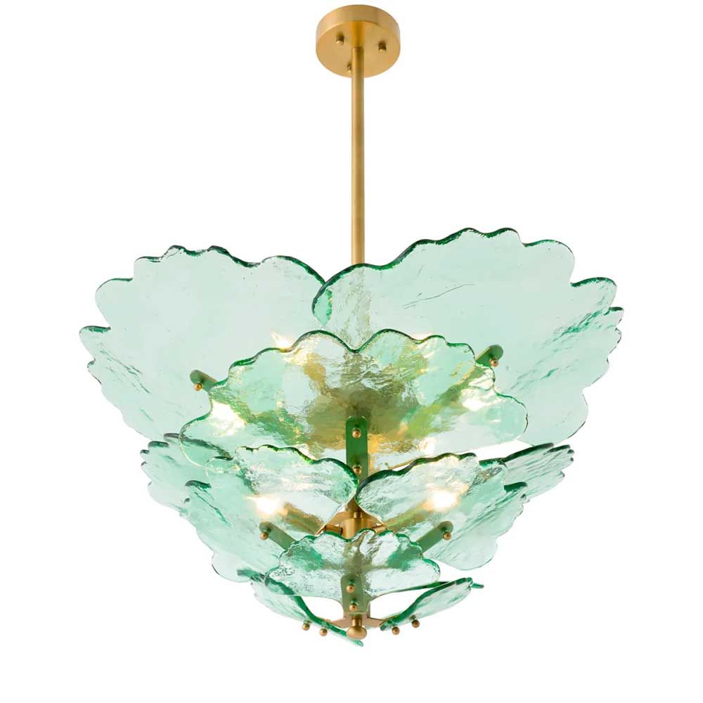 Green glass floral style chandelier with brass ceiling fixture