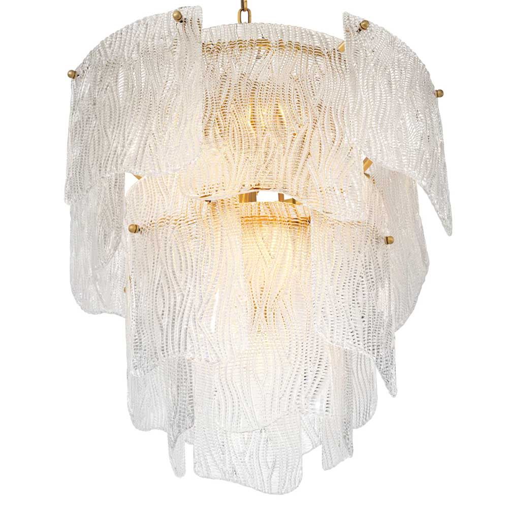 An elegant chandelier with textured glass reflects a warm, radiant glow.