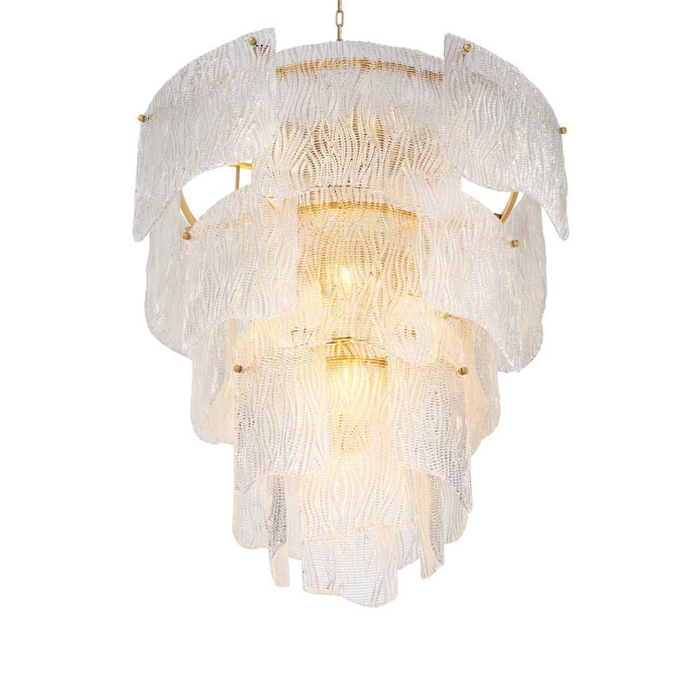 Wave textured glass chandelier with brass accents
