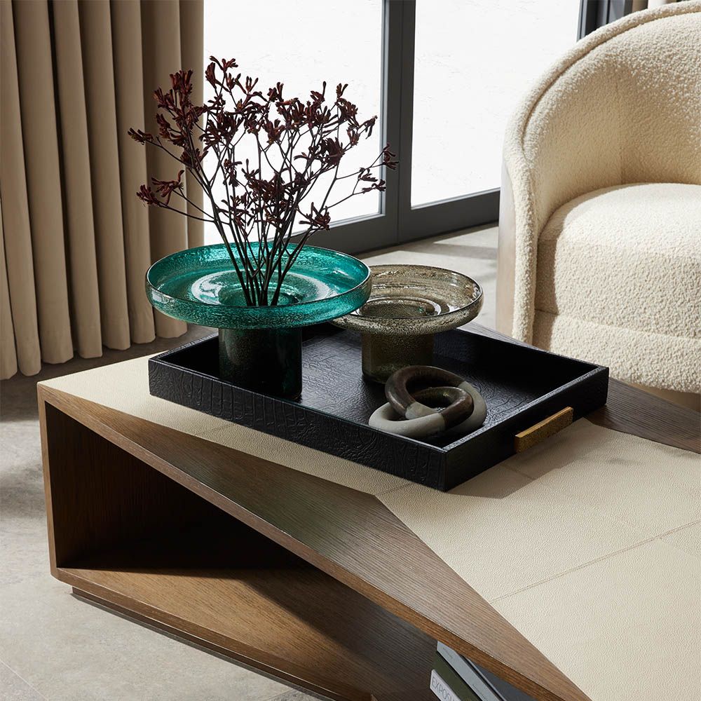 Leather-wrapped black tray with brass handles