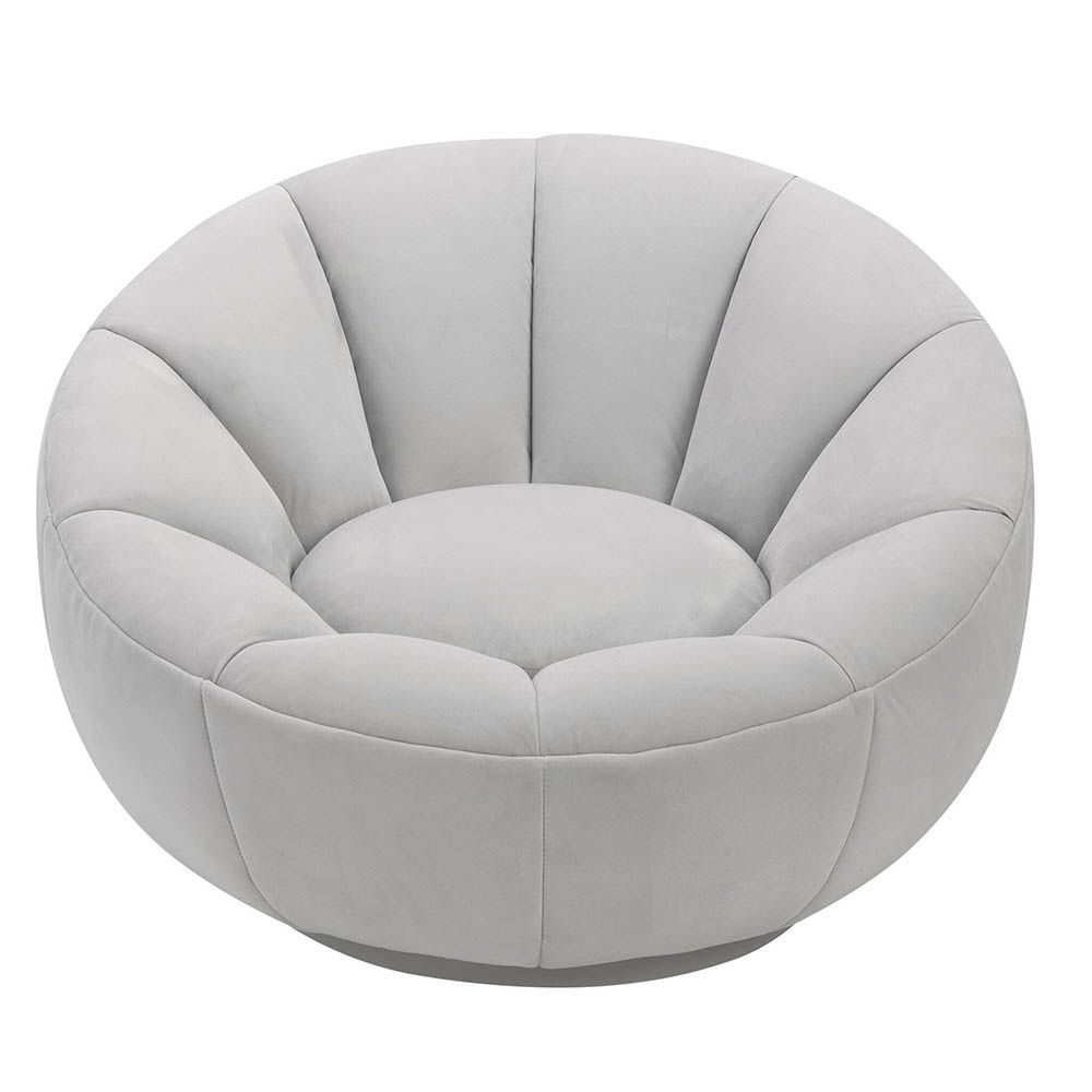 Statement grey velvet swivel chair with enveloping shell-shaped backrest 
