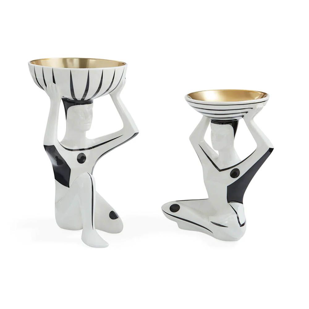 Black and white porcelain Budapest figure carrying gold-lined bowl