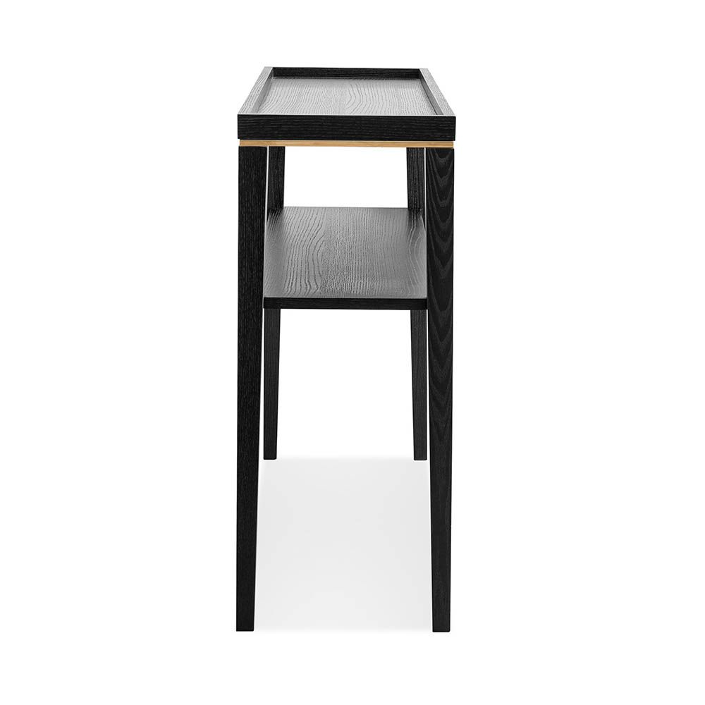 Console table with solid wood legs and finished in a brushed brass 