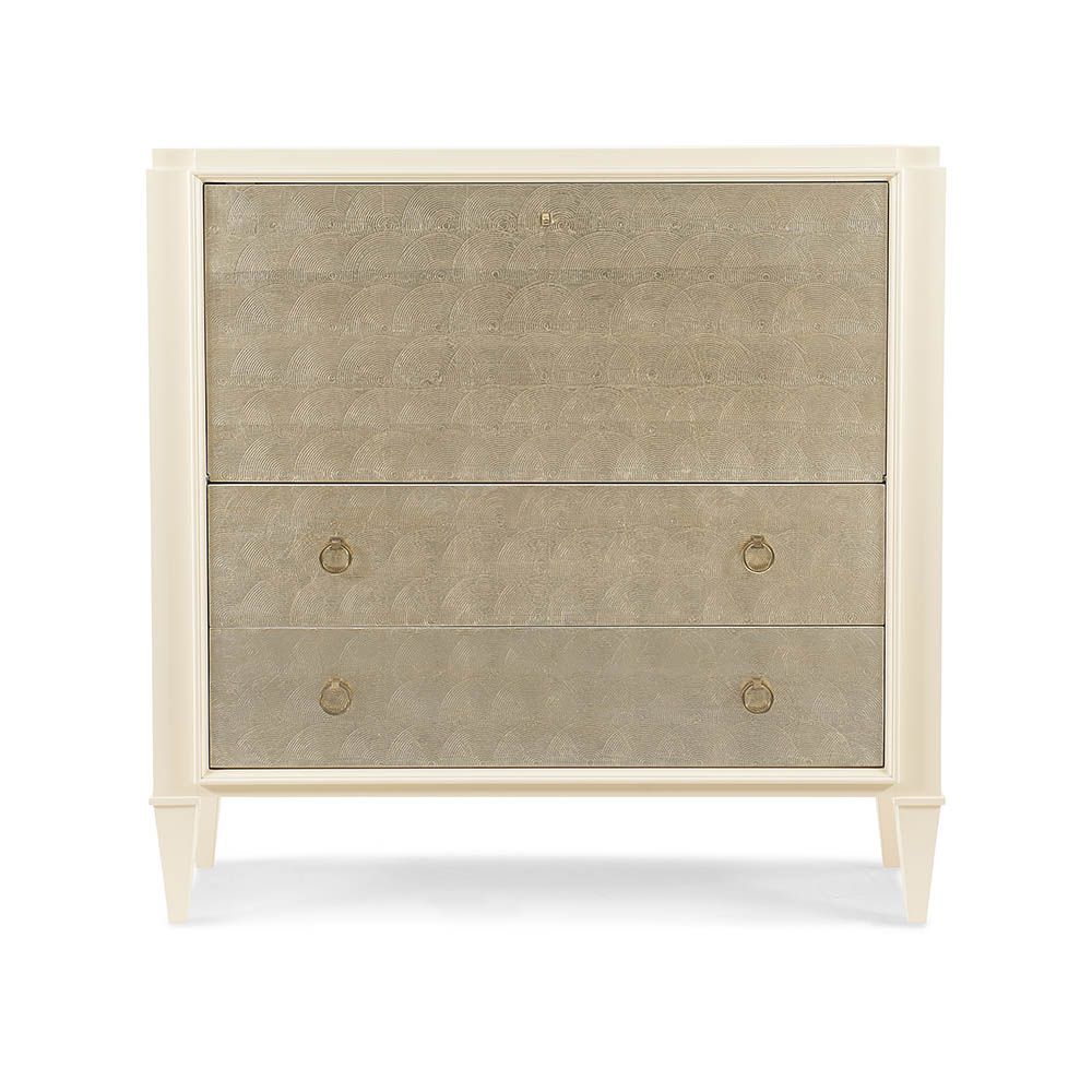 Elegant bureau with drop down desk and ivory/gold drawers for storage