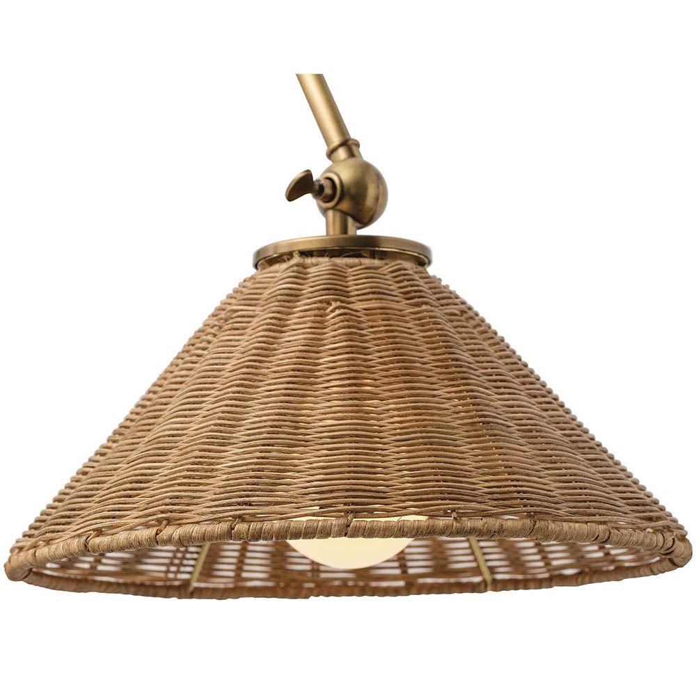 Antique brass wall light with woven wicker shade 