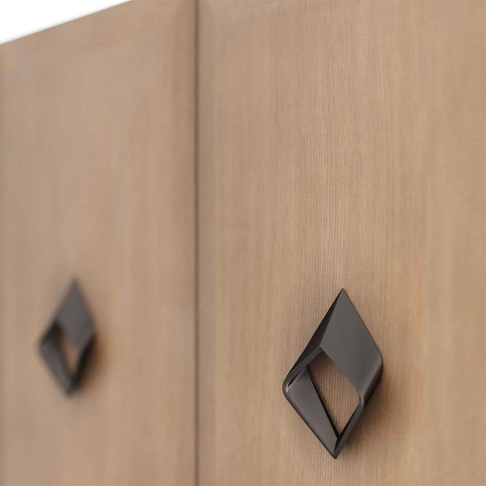 Mid-century style sideboard with cabinet panels and diamond-shaped metal handles