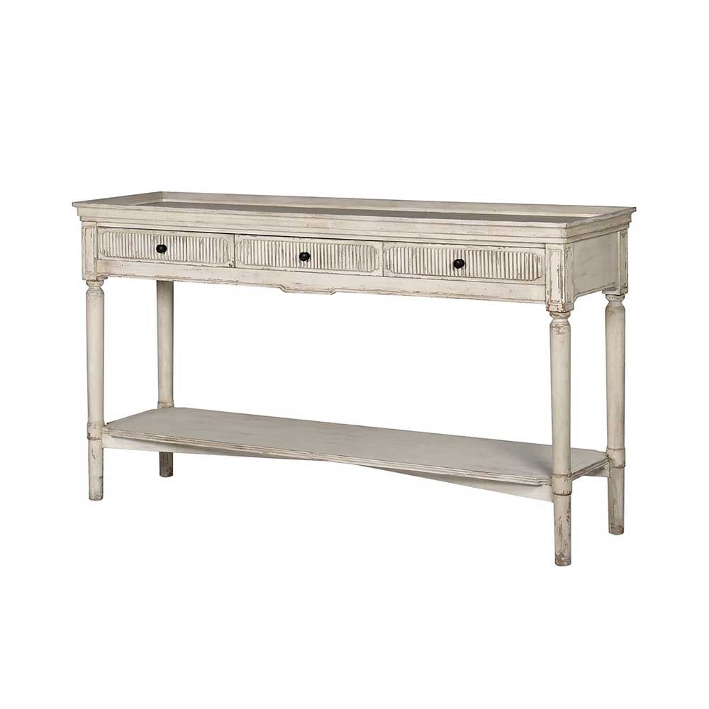 cream finish console table with 3 ribbed drawers