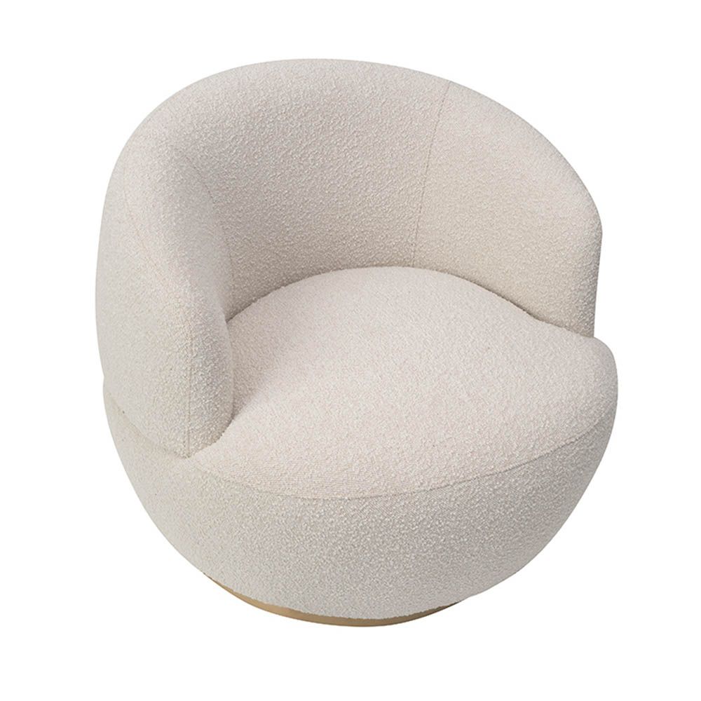 Small and circular boucle sand swivel chair with rounded edges and brass base