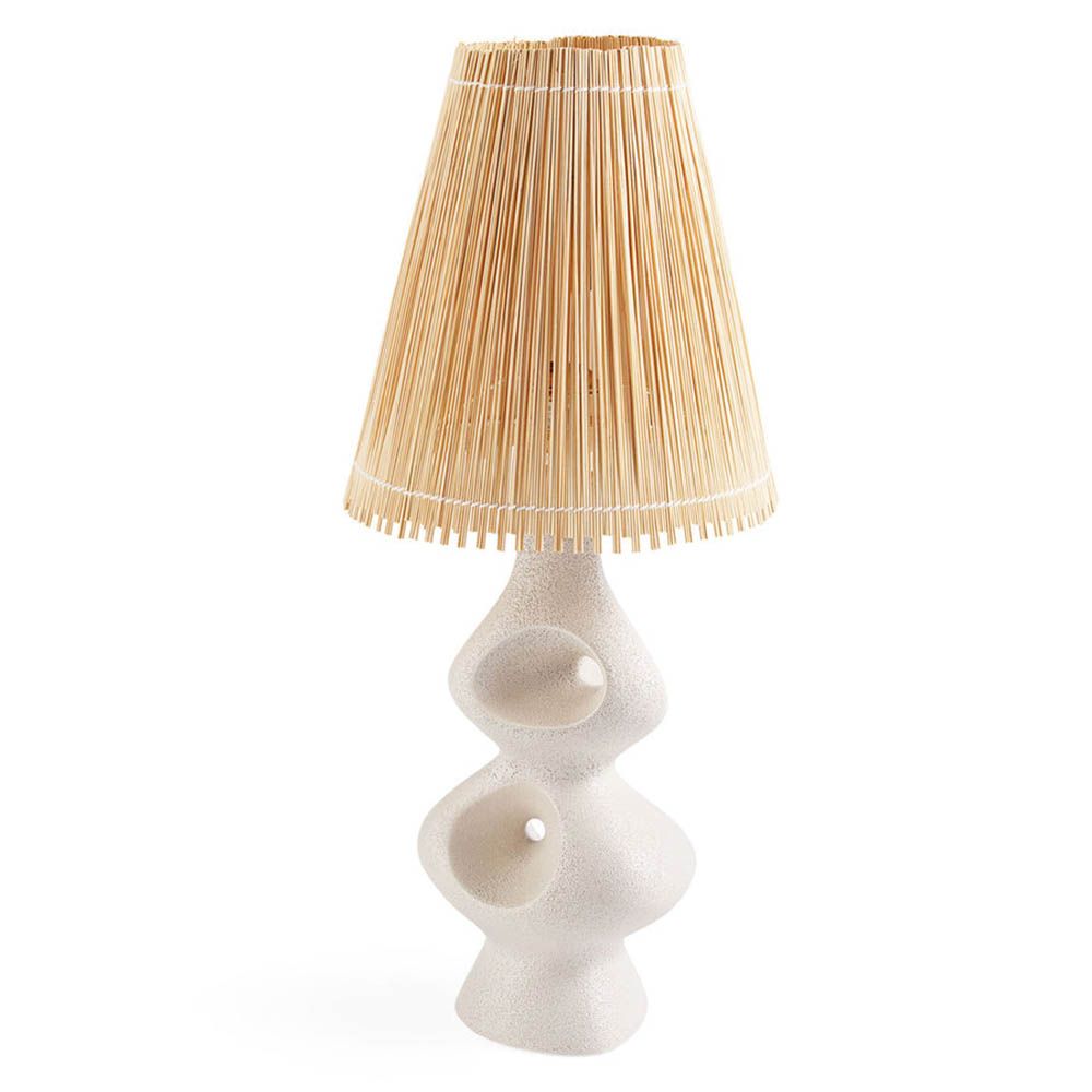 Modern curved cream ceramic lamp with rattan shade