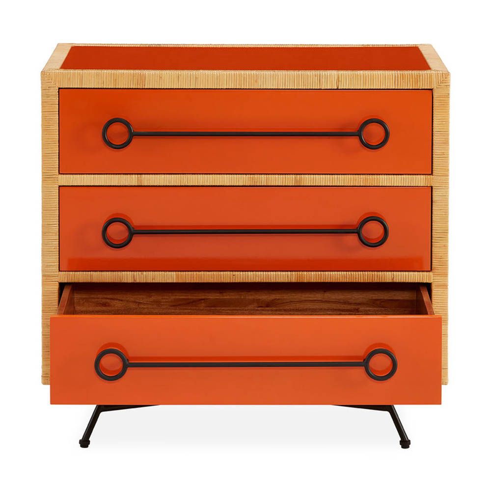 Red and orange chest of three drawers with rattan edges