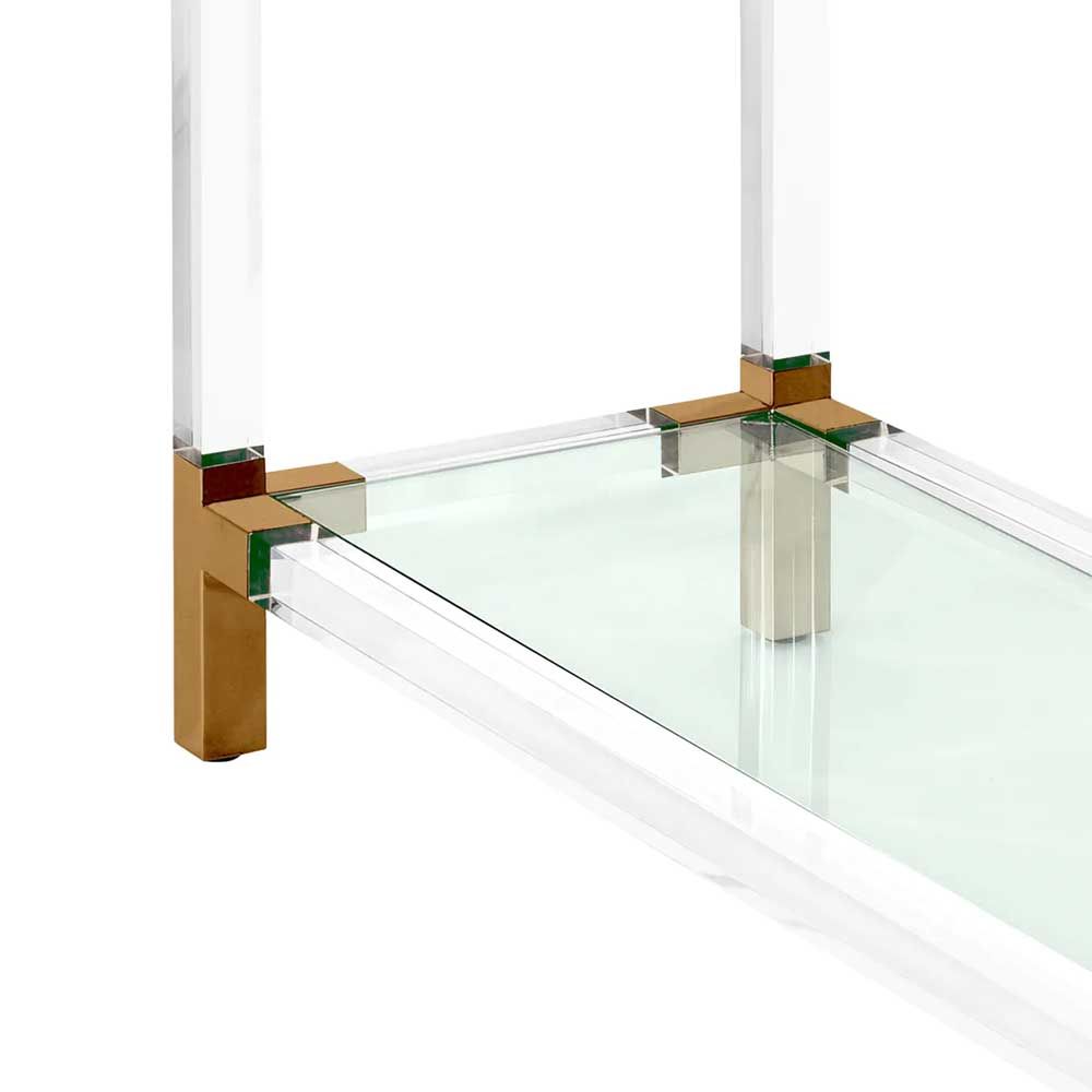 Clear framed console table with glass panels and brass edges