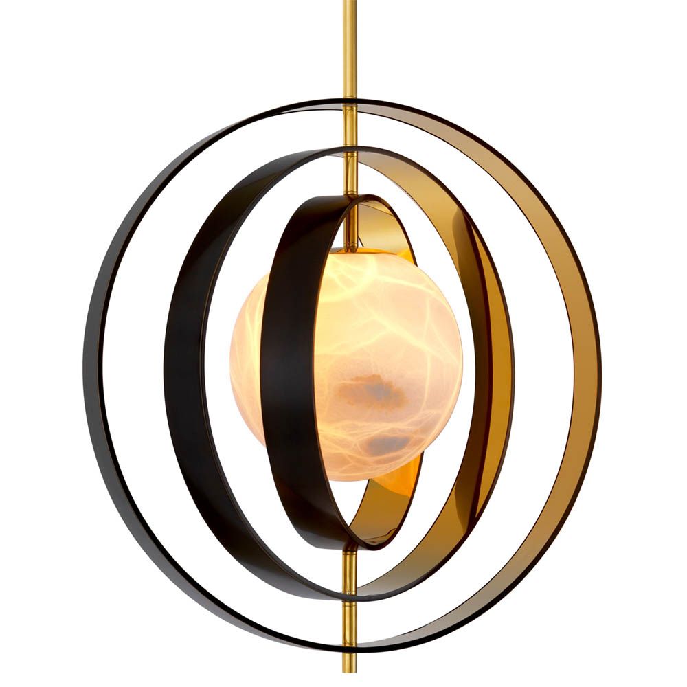 Pearl-like alabaster shade surrounded by four metal rings with bronze highlight finish
