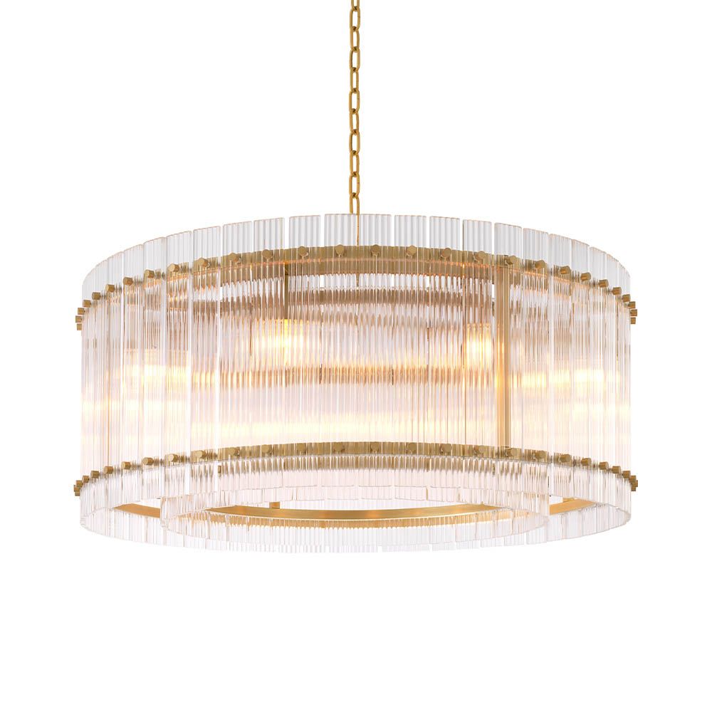 lovely classic chandelier in a circle of antique brass and ribbed glass