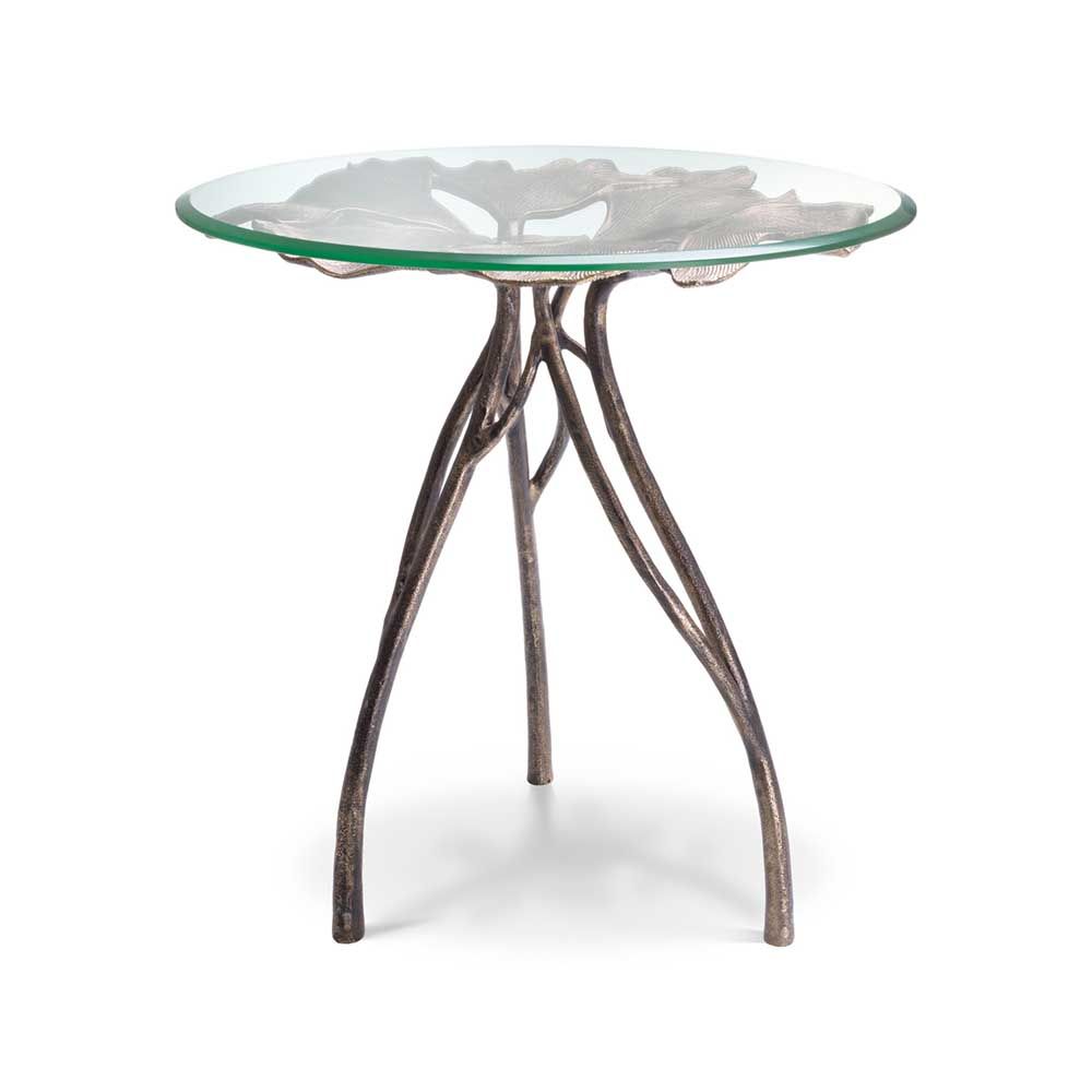 glass top side table with leaf silhouette
