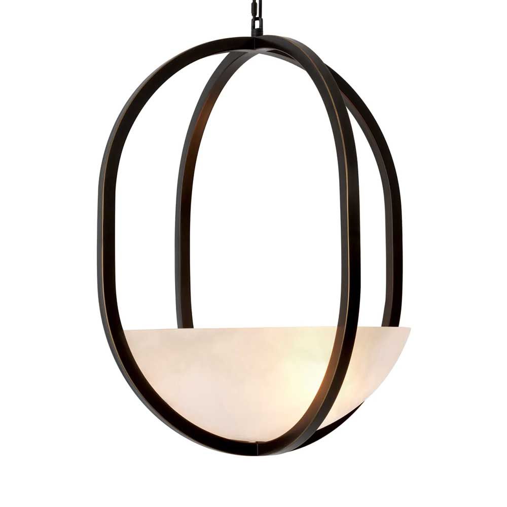 Lantern style bronze ceiling light with alabaster dish shade