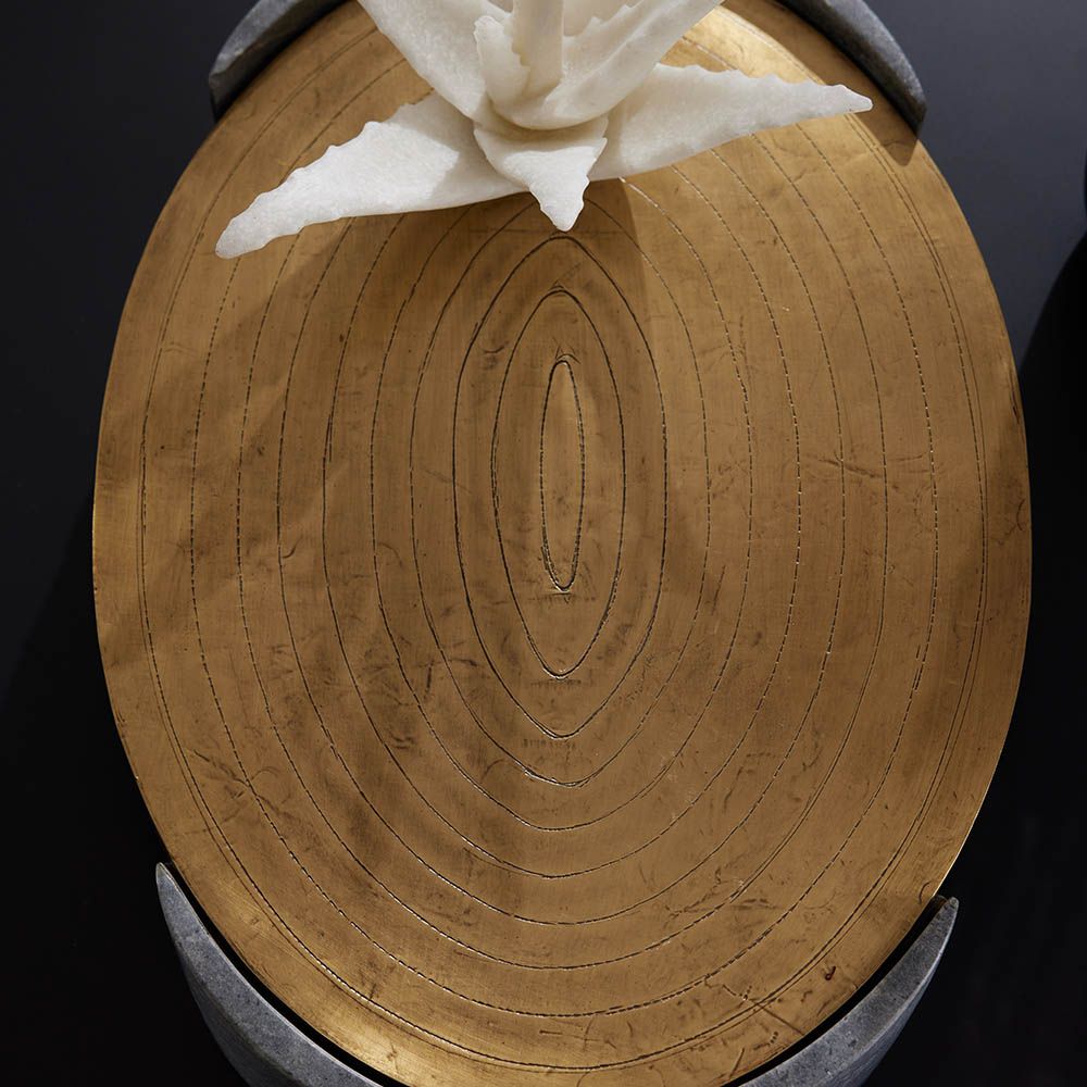 Brass finish oval tray with bronze feet on either side