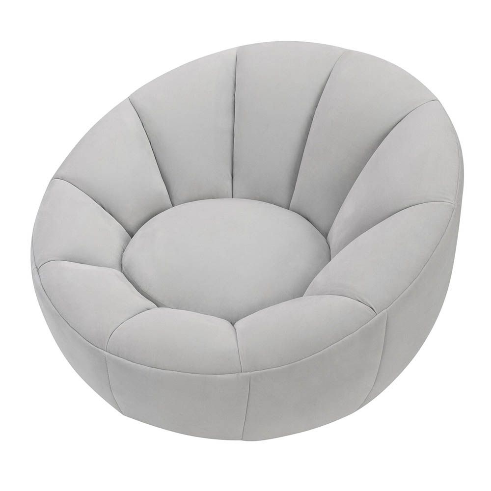 Statement grey velvet swivel chair with enveloping shell-shaped backrest 
