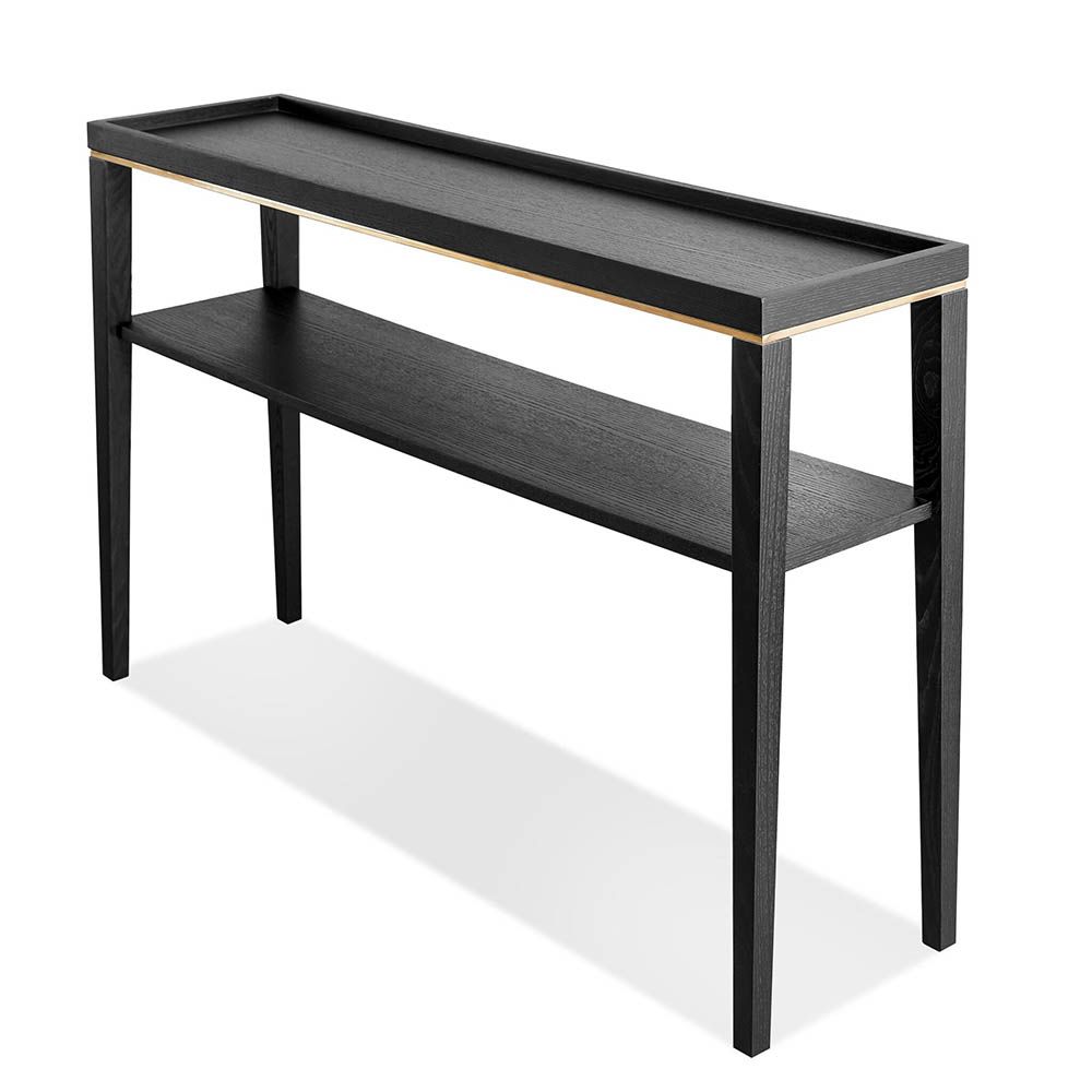 Console table with solid wood legs and finished in a brushed brass 
