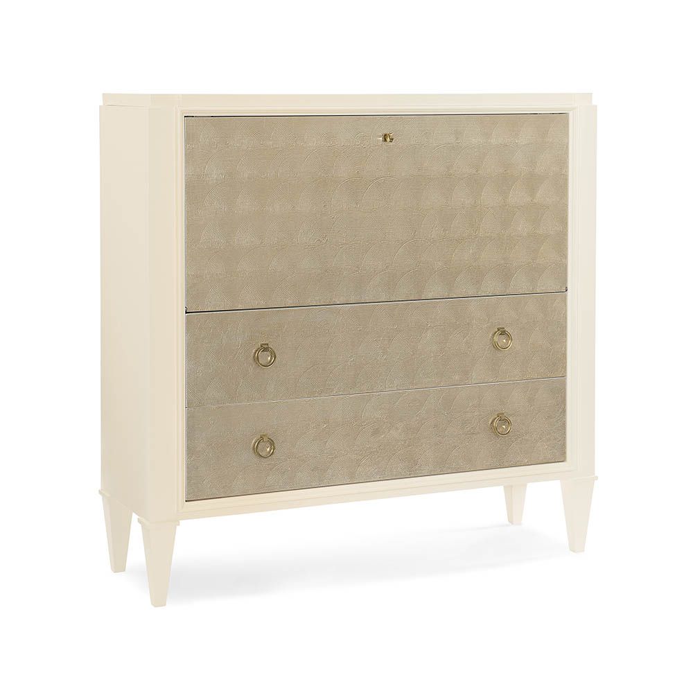 Elegant bureau with drop down desk and ivory/gold drawers for storage