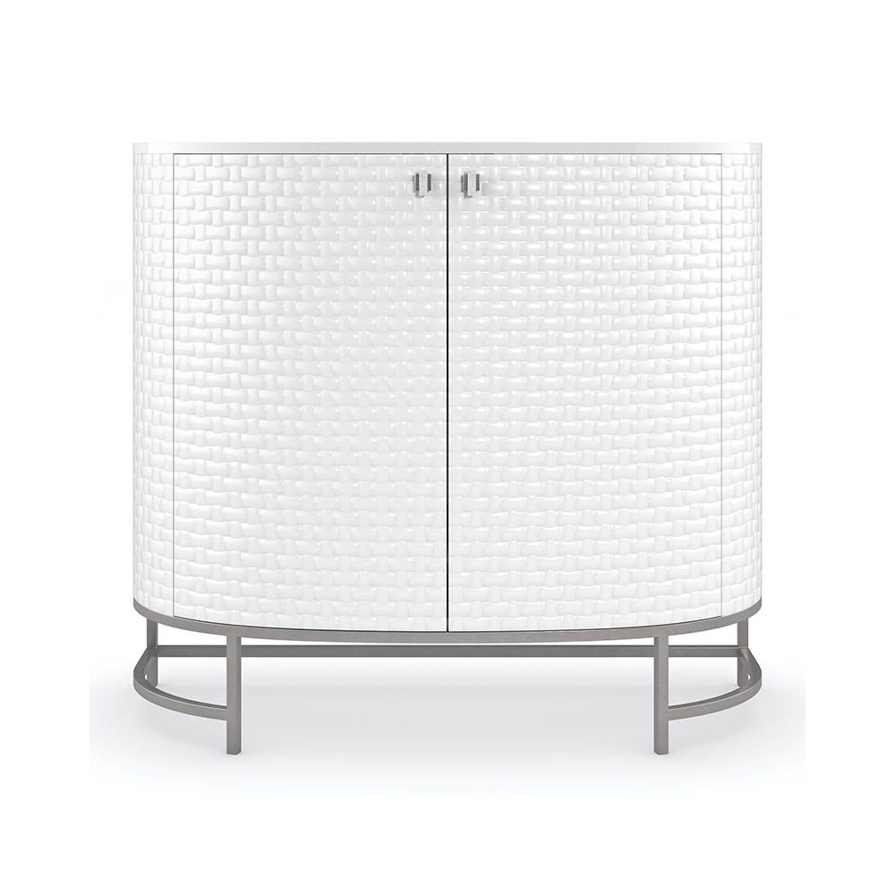 Glamorous contemporary bar cabinet with woven texture on the doors and silver base
