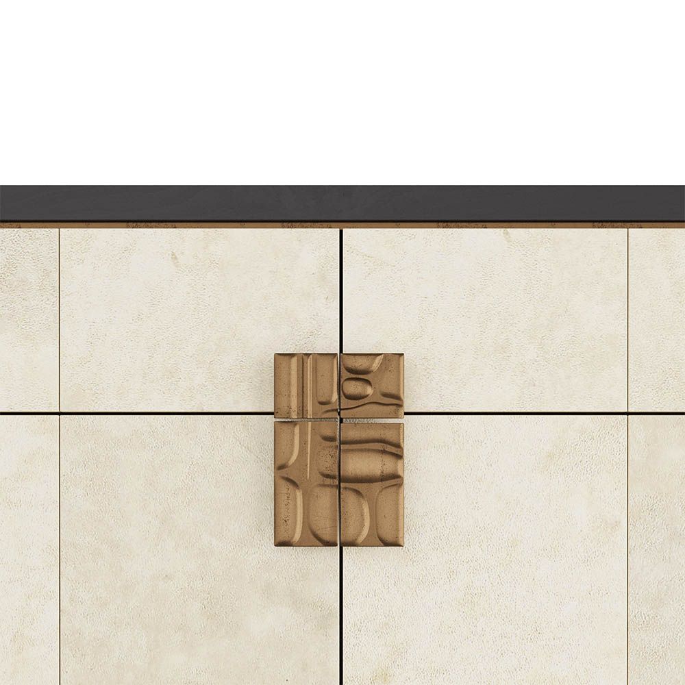 Art deco-inspired credenza wrapped in ivory panelling framed by solid ebony oak