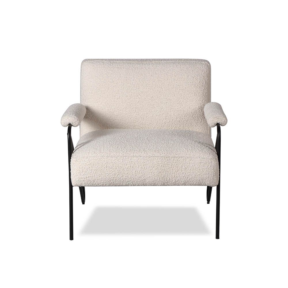 Boucle upholstered armchair with sleek, thin black legs