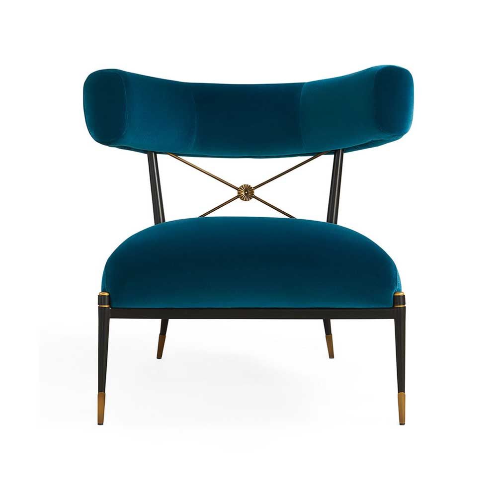 Blue velvet laid back lounge chair with brass accents
