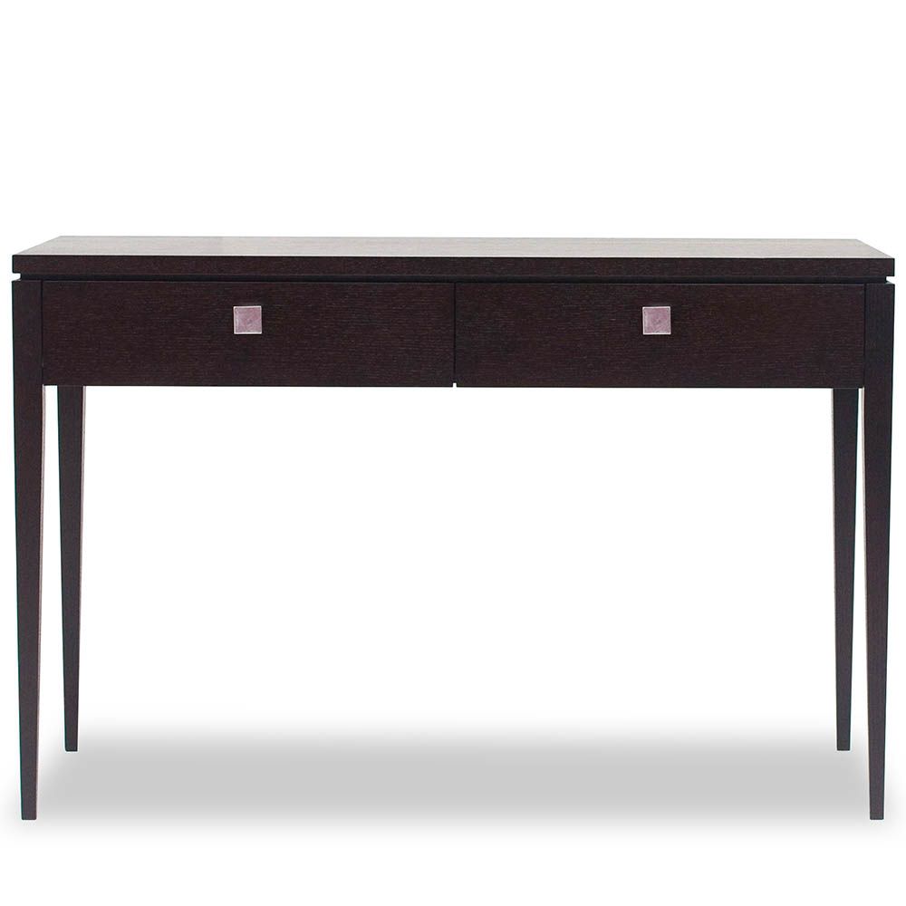 Brown wooden console table with two drawers and tapered edge legs