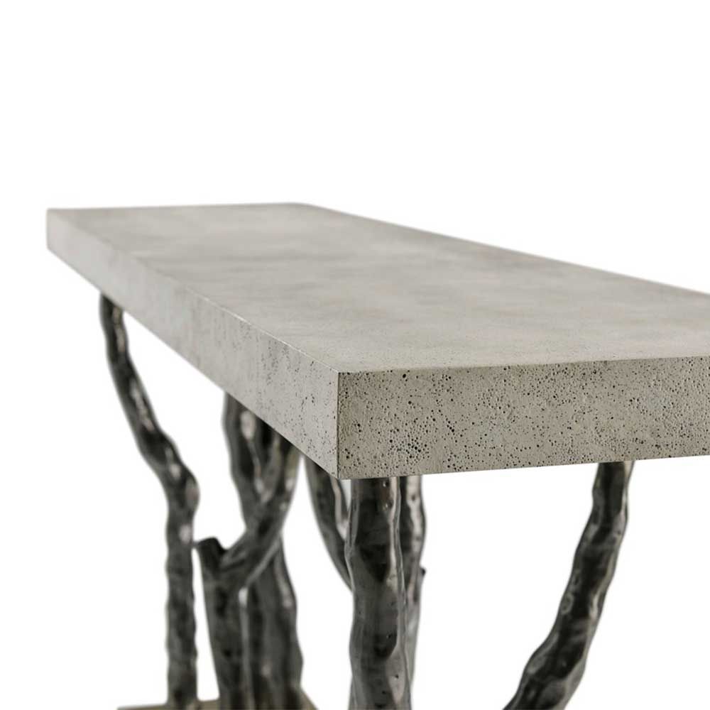 Wooden plinth console table with branch-like bronze framework and concrete style top