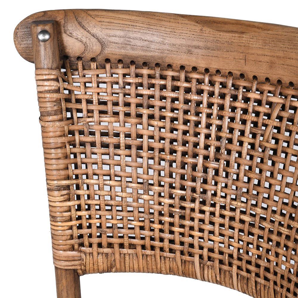 wood and rattan barchair with arching shapes in base
