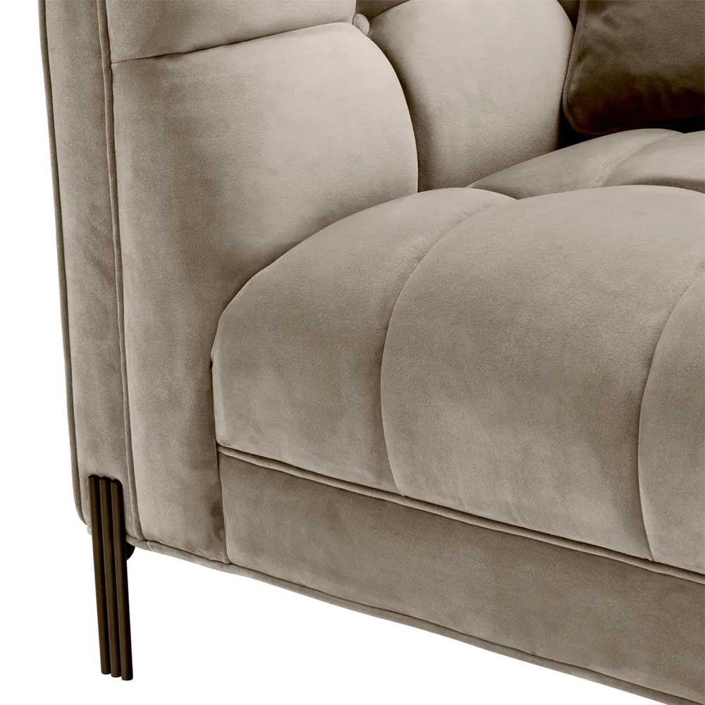 Greige velvet chaise longue sofa with quilted deep stitching 