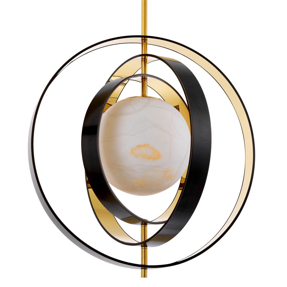 Pearl-like alabaster shade surrounded by four metal rings with bronze highlight finish