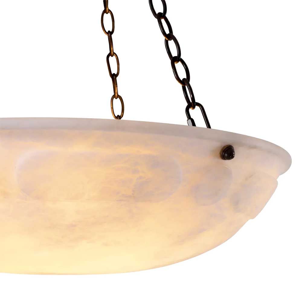 Alabaster dish-style pendant light with brass chain suspension