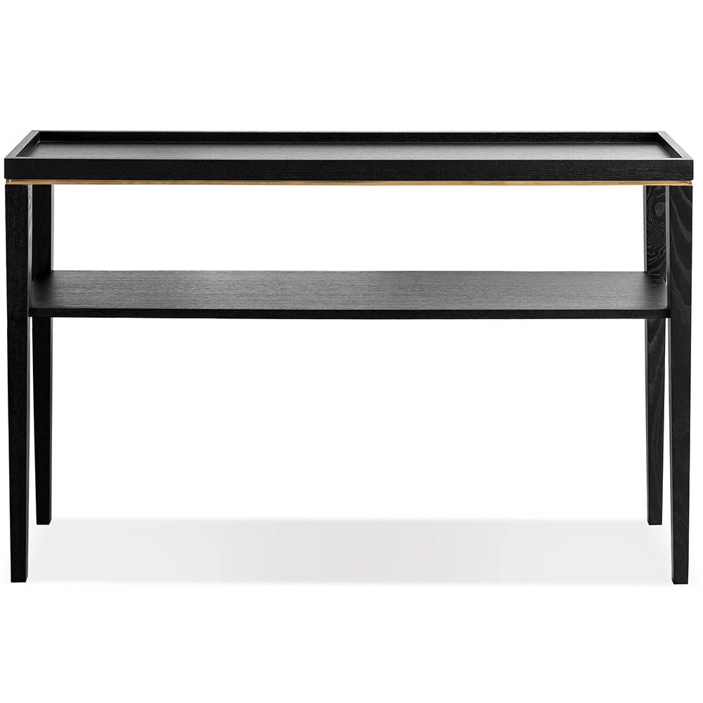 Console table with solid wood legs and finished in a brushed brass 