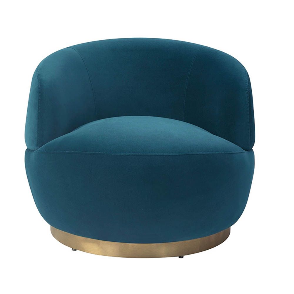 Small and circular blue swivel chair with rounded edges and brass base