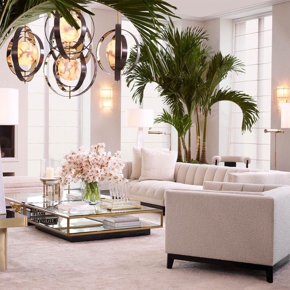 Pearl-like alabaster shade surrounded by four metal rings with bronze highlight finish