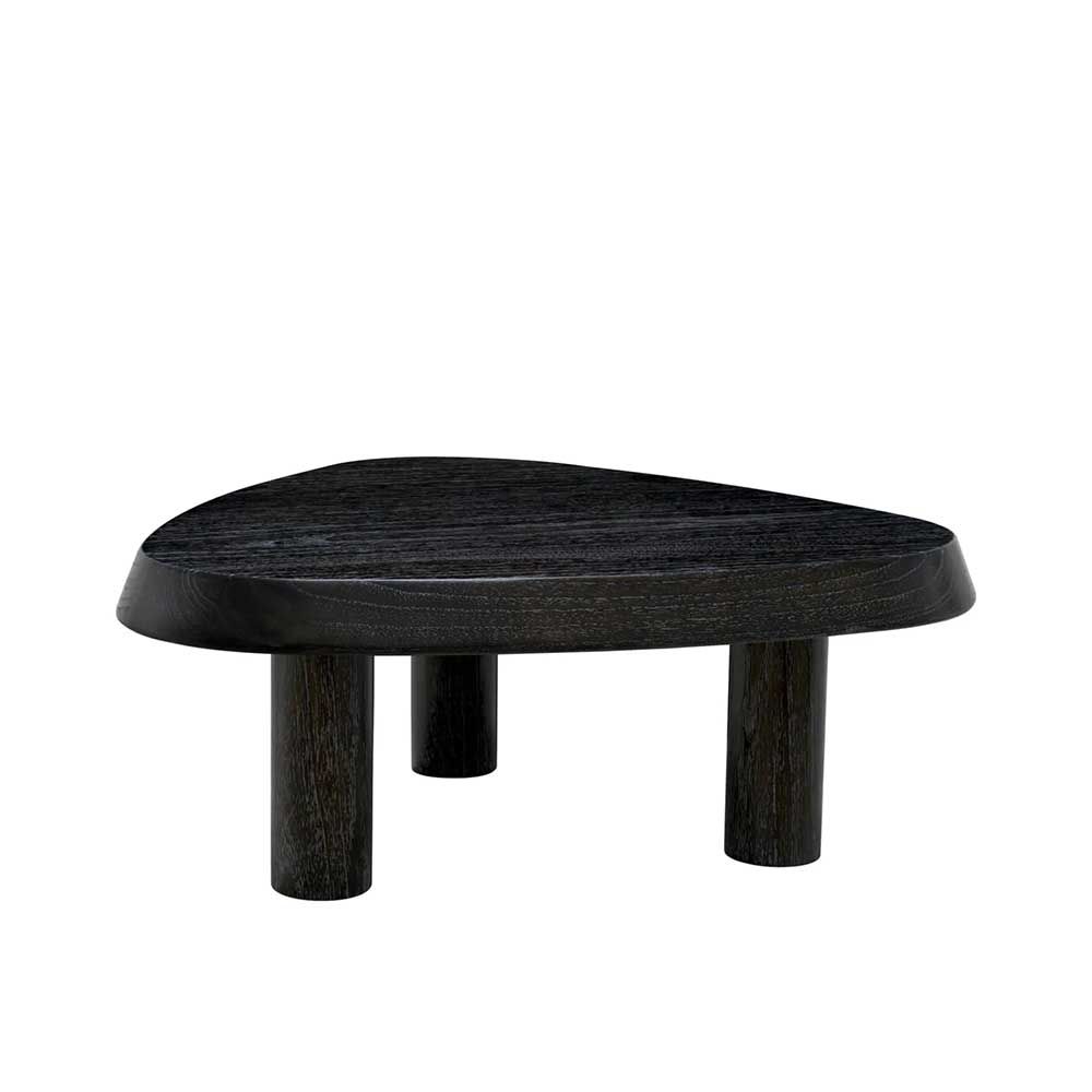 Black wooden coffee table with pebble-shaped top and three legs