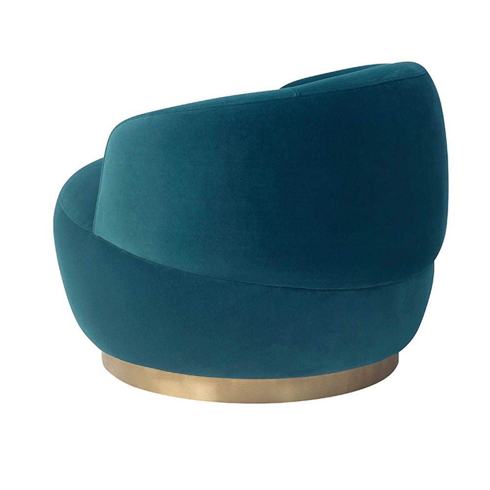 Small and circular blue swivel chair with rounded edges and brass base