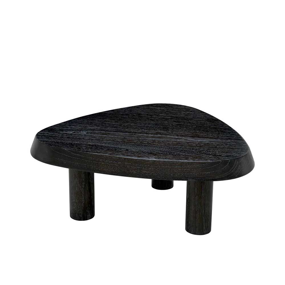 Black wooden coffee table with pebble-shaped top and three legs