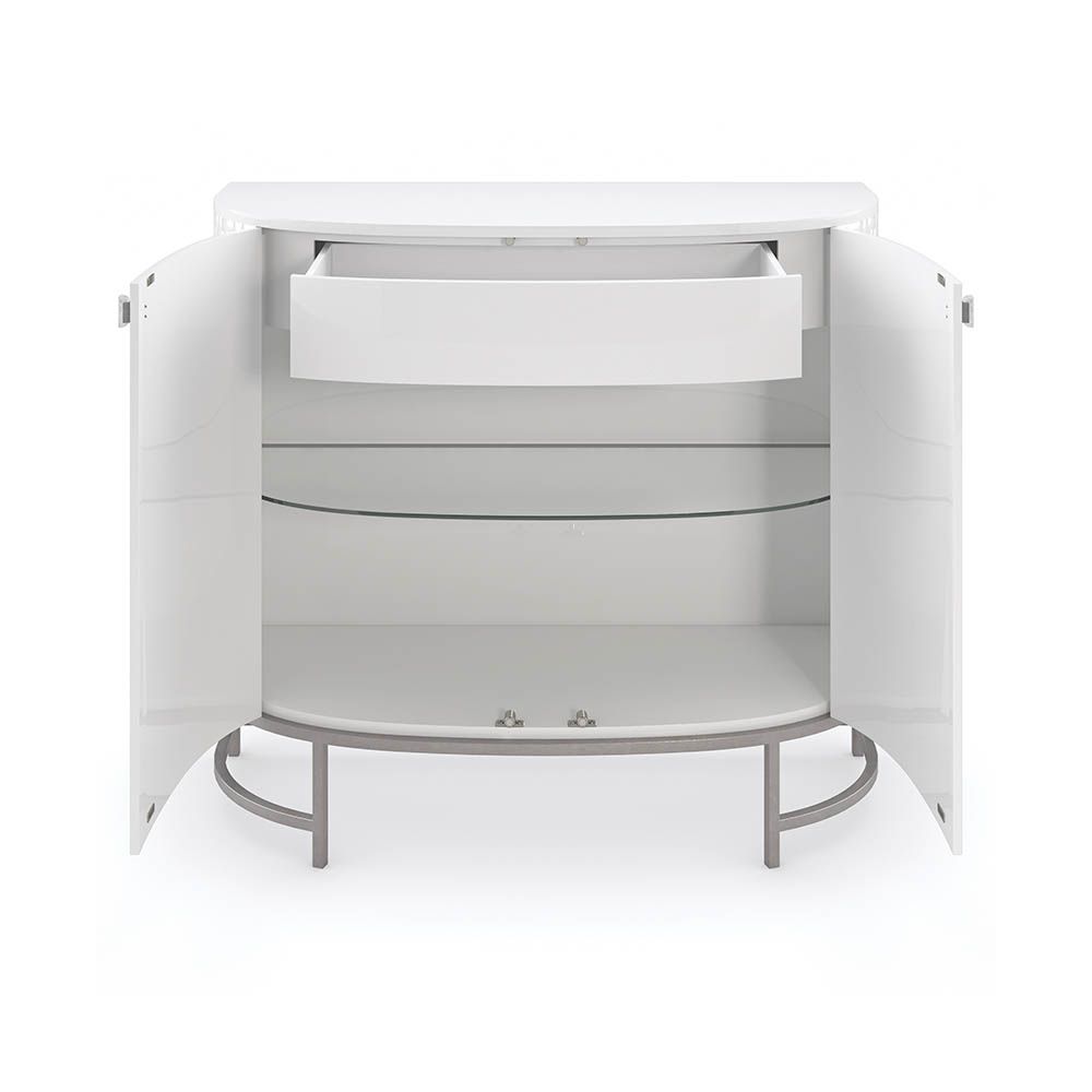 Glamorous contemporary bar cabinet with woven texture on the doors and silver base