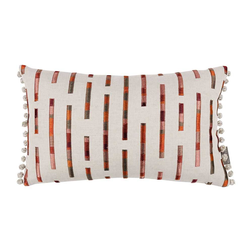 Embroidered cushion with stripes in tonal colours with bobble fringe.