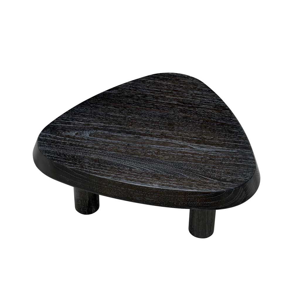 Black wooden coffee table with pebble-shaped top and three legs